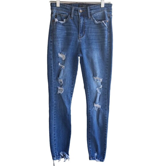 Judy Blue Denim - Judy Blue Skinny Fit Jeans Size 3|26 Medium Wash Stretch Denim Destroyed Raw Hem